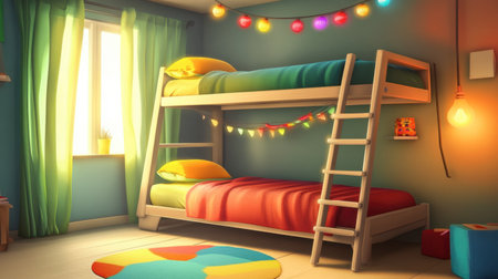 A cartoon-style bunk bed, with a ladder leading to the top bunk, filled with colorful bedding and decorative lights.の素材