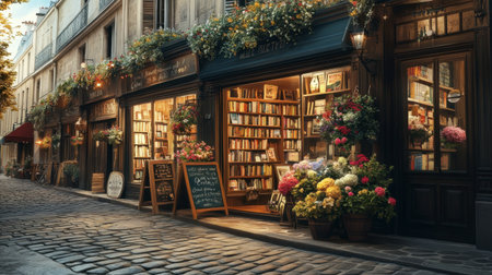 A classic Parisian street scene, with a vintage bookstore and flower shop on a cobbled street in the Marais district.の素材