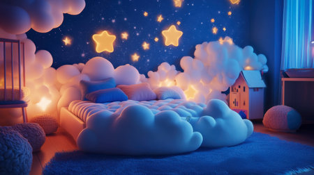A cartoon bed with a soft, cloud-like mattress, surrounded by fluffy pillows and stars in a whimsical, night-themed room.の素材
