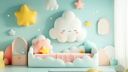 A cartoon-style bed with clouds, stars, and pastel bedding, placed in a soft, dreamy nursery with cute wall art.の素材