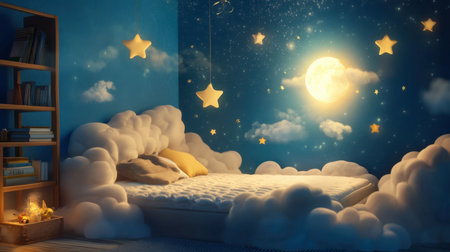 A cartoon bed with a soft, cloud-like mattress, surrounded by fluffy pillows and stars in a whimsical, night-themed room.の素材