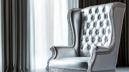 A chic princess chair with silver upholstery, high back, and jewel-like buttons, giving a modern royal touch to the room.の素材