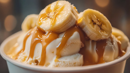 A close-up of creamy banana ice cream with caramel drizzle and banana slices on top for added sweetness.の素材