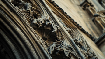 A close-up view of the intricate stone carvings of the Notre-Dame Cathedral's facade.の素材