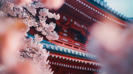 A close-up view of the intricate architecture of the Asakusa Shrine in Tokyo, framed by blossoming cherry trees.の素材