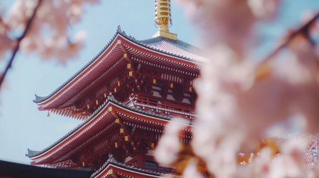 A close-up view of the intricate architecture of the Asakusa Shrine in Tokyo, framed by blossoming cherry trees.の素材