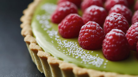 A close-up of a delicate matcha tart topped with a thin layer of matcha glaze and fresh raspberries.の素材