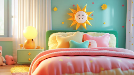 A cozy cartoon bed with colorful, fluffy blankets and a smiling sun on the headboard, surrounded by warm, cheerful decor.の素材