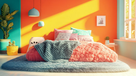 A colorful cartoon bed with fluffy pillows and a cozy blanket, sitting in the middle of a cheerful bedroom with bright walls.の素材