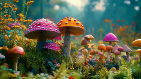 A colorful mushroom field, with various species of mushrooms sprouting from the ground, surrounded by wild grasses and ferns.の素材