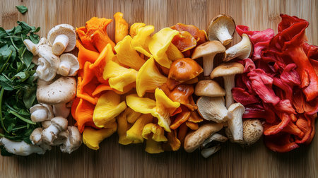 A colorful variety of edible mushrooms arranged in a neat row on a wooden cutting board, ready to be cooked.の素材
