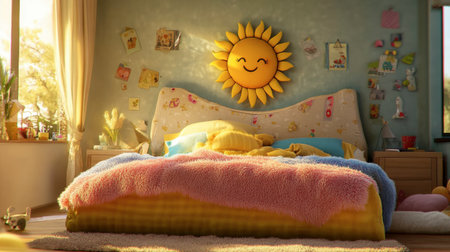 A cozy cartoon bed with colorful, fluffy blankets and a smiling sun on the headboard, surrounded by warm, cheerful decor.の素材