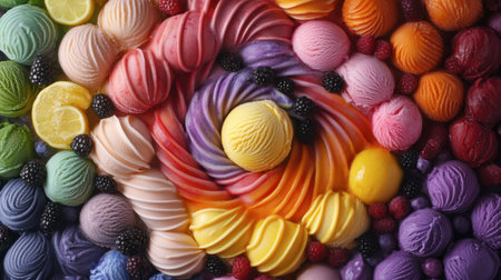 A colorful rainbow of ice cream scoops, featuring flavors like blackberry, lemon, and passionfruit, arranged in a spiral pattern.の素材