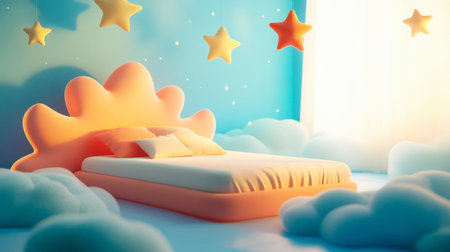 A cozy cartoon bed in a dreamlike setting, with stars and clouds floating around it, giving a whimsical vibe.の素材