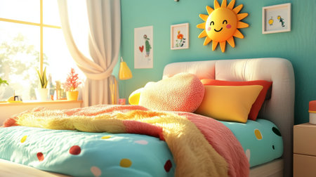 A cozy cartoon bed with colorful, fluffy blankets and a smiling sun on the headboard, surrounded by warm, cheerful decor.の素材