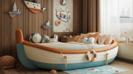 A cute cartoon bed shaped like a boat, with nautical-themed bedding and decor, in a beachy, playful room.の素材