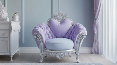 A cute pastel purple princess chair with a heart-shaped backrest and silver accents, perfect for a little girl's castle-themed room.の素材