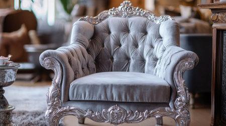 A dazzling silver princess chair with intricate lace-like carvings and soft velvet seating, perfect for a royal tea party.の素材
