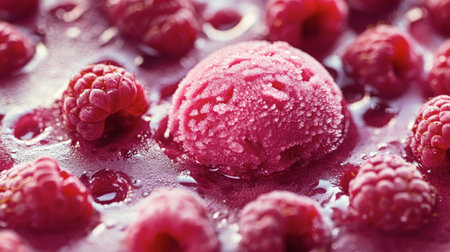 A detailed shot of raspberry sorbet melting slightly on a hot day, with fresh raspberries as a garnish.の素材