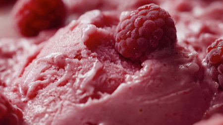 A detailed shot of raspberry sorbet melting slightly on a hot day, with fresh raspberries as a garnish.の素材