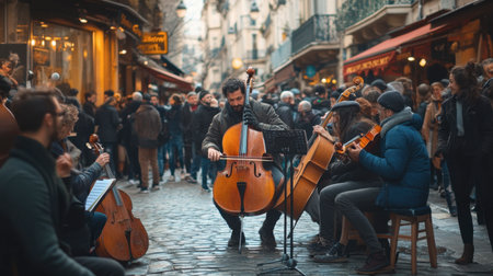 A lively street performance by musicians in the Latin Quarter, surrounded by crowds enjoying the music.の素材