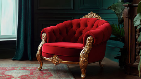 A luxurious princess chair in vibrant red velvet with intricate golden carvings, perfect for a royal play space.の素材