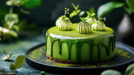 A luxurious matcha cake with a glossy green glaze and delicate matcha-flavored decorations on top.の素材