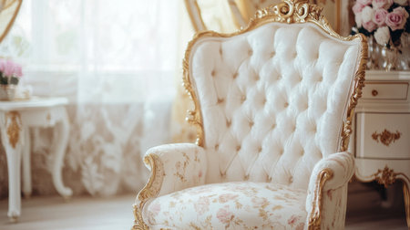 A luxurious white princess chair with a high back, delicate floral patterns, and gold trimming, placed in a castle-themed room.の素材