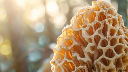 A detailed close-up of the unique pattern on a morel mushroom's honeycomb-like cap, with soft sunlight highlighting its texture.の素材
