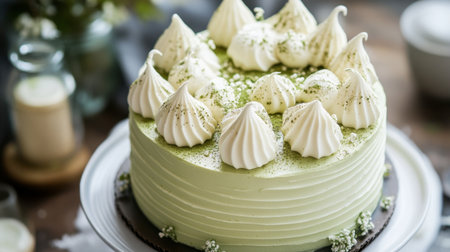 A matcha buttercream cake topped with delicate meringue kisses and a sprinkle of matcha powder.の素材