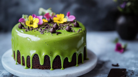 A matcha sponge cake with matcha glaze dripping down the sides, topped with chocolate shavings and edible flowers.の素材