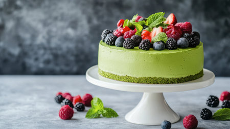 A matcha chiffon cake garnished with fresh berries and mint leaves, placed on a minimalist white cake stand.の素材