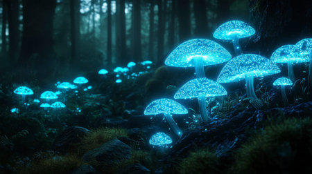 A magical scene of glowing bioluminescent mushrooms illuminating the dark forest at night, casting a soft blue-green light.の素材