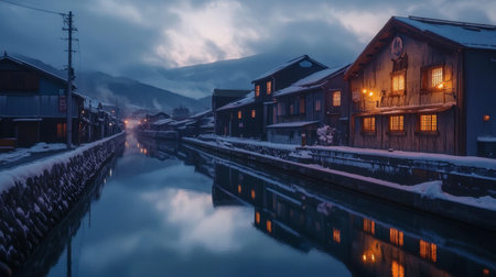 A mesmerizing view of the Otaru Canal in Hokkaido, with old warehouses lit by warm lights at dusk.の素材