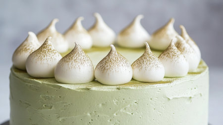 A matcha buttercream cake topped with delicate meringue kisses and a sprinkle of matcha powder.の素材