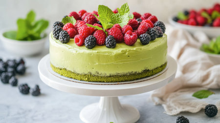 A matcha chiffon cake garnished with fresh berries and mint leaves, placed on a minimalist white cake stand.の素材