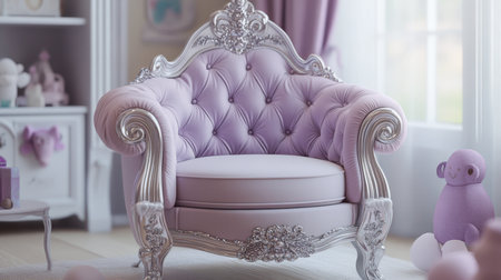 A magical princess chair with a soft lilac cushion and sparkling silver accents, perfect for a royal playroom.の素材
