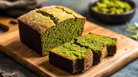 A moist matcha loaf cake with a sugar glaze, sliced and arranged on a wooden cutting board.の素材
