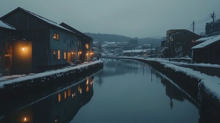 A mesmerizing view of the Otaru Canal in Hokkaido, with old warehouses lit by warm lights at dusk.の素材