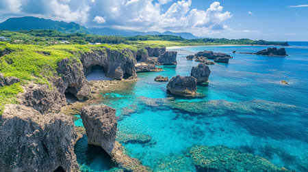 A mesmerizing shot of the blue waters of Cape Manzamo in Okinawa, with its unique rock formations and stunning coastal views.の素材
