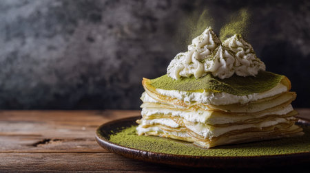 A matcha crepe cake with thin layers of crepes and matcha cream, topped with whipped cream and matcha powder.の素材
