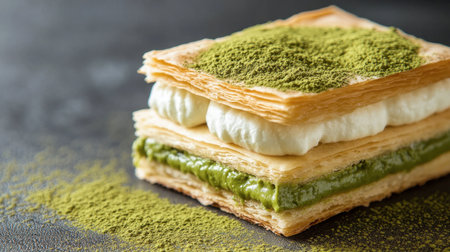 A matcha-flavored mille-feuille, with delicate pastry layers and matcha cream filling, garnished with matcha dust.の素材