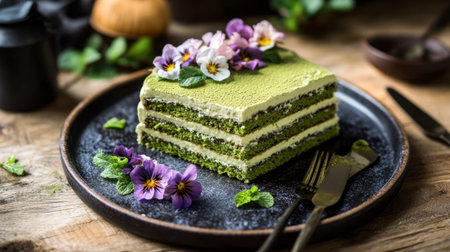 A matcha sponge cake with layers of matcha cream, elegantly decorated with edible flowers and fresh mint.の素材