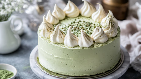 A matcha buttercream cake topped with delicate meringue kisses and a sprinkle of matcha powder.の素材