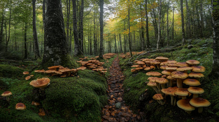 A panoramic forest scene with a wide variety of mushrooms growing along a damp, mossy path under towering trees.の素材