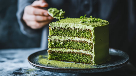 A matcha layer cake with rich, creamy frosting and a sprinkling of matcha powder for a vibrant, green presentation.の素材