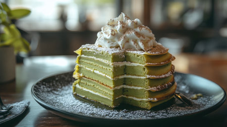 A matcha crepe cake with thin layers of crepes and matcha cream, topped with whipped cream and matcha powder.の素材