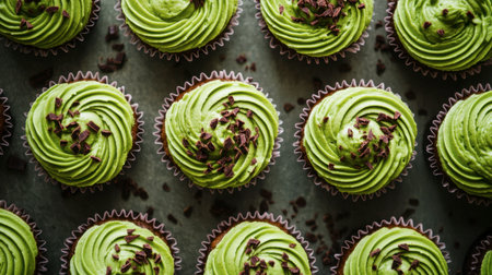 A close-up of matcha cupcakes with green matcha frosting and chocolate sprinkles.の素材