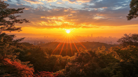 A breathtaking sunrise view from the top of Mount Takao, with Tokyo skyline visible in the distance.の素材