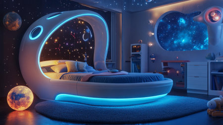 A cartoon bed shaped like a spaceship, set in a futuristic room with glowing stars, planets, and alien toys.の素材